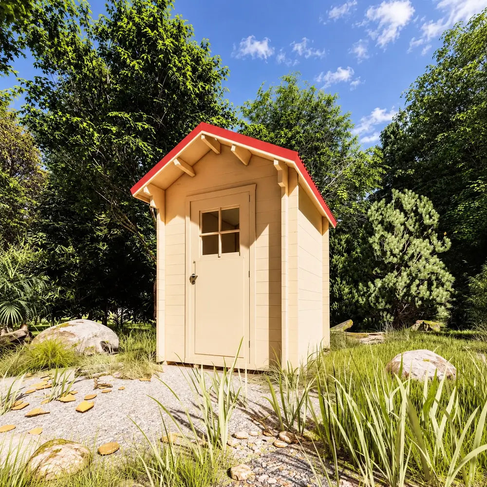 The Wee Wee House 33 with its windowed wooden door closed, red gabled roof and pale wood exterior surrounded by rocks, grasses and dense green trees.