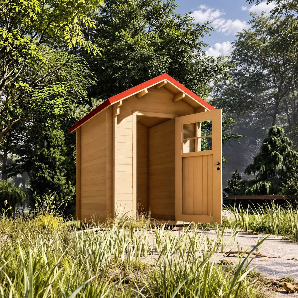 Angled view of The Wee Wee House 33 with an open windowed door, red gabled roof and natural wood interior amid tall grasses and leafy trees.