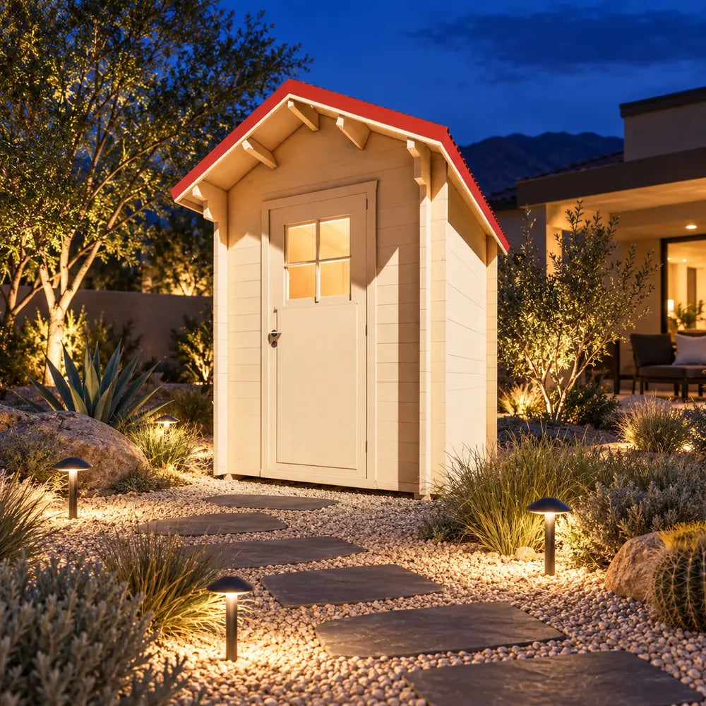 The Wee Wee House 33 outdoor bathroom illuminated at night in a landscaped Nevada residential backyard with desert plants, stepping stones, and pathway lights.