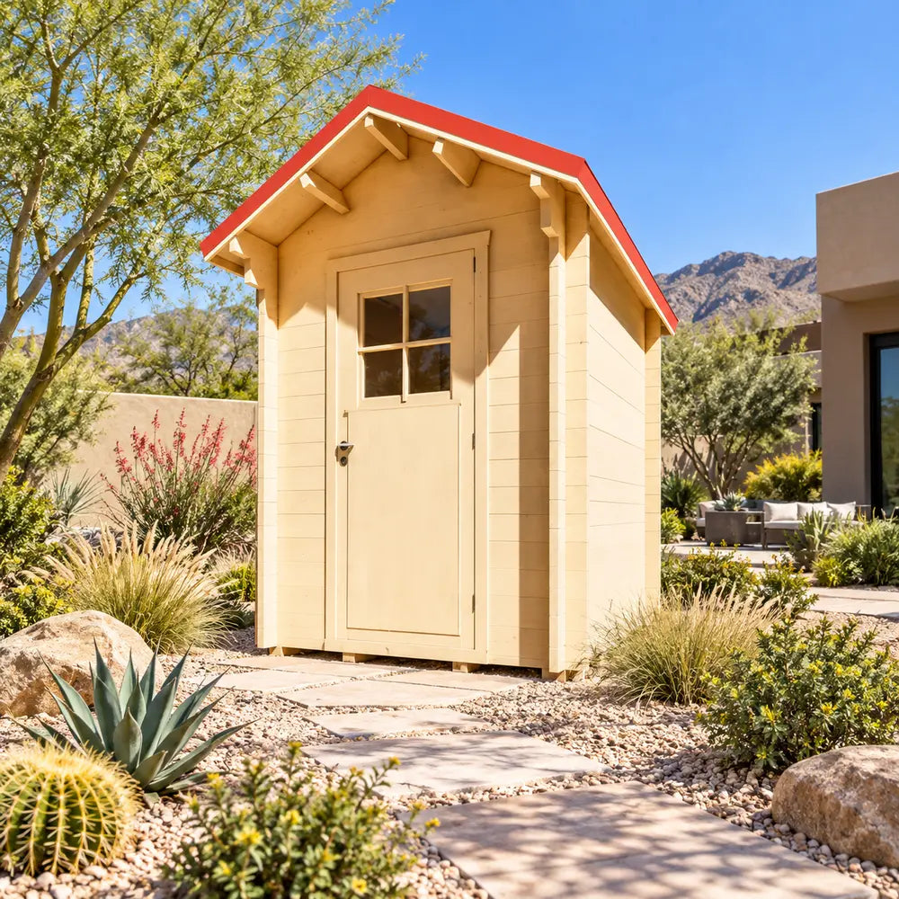 The Wee Wee House 33 outdoor bathroom featuring light wood walls and a red gabled roof in a sunny Nevada residential backyard with desert plants and stone pathways.
