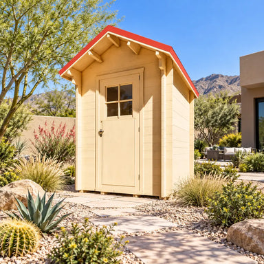 The Wee Wee House 33 outdoor bathroom featuring light wood walls and a red gabled roof in a sunny Nevada residential backyard with desert plants and stone pathways.