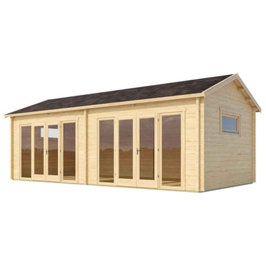The angled exterior of the GardenHouse24 USA Jara 70B Garden Room highlights multiple full-length glass doors and a side window