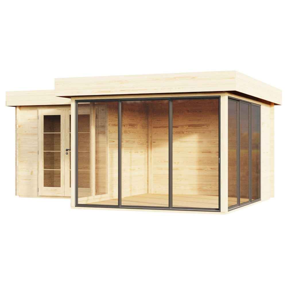 The angled front view features large sliding glass doors and a wood entry door, highlighting the sleek design of the GardenHouse24 USA ALU Concept 70M Garden Room