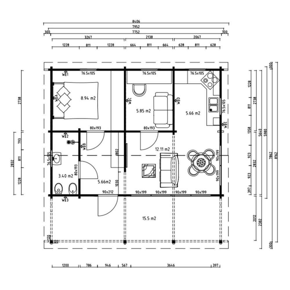 The architectural floor plan of the GardenHouse24 USA Mikka 70 Garden Room marks each room’s size, door widths, and wall layout for accurate construction