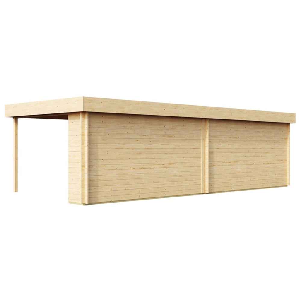The back view of the GardenHouse24 USA ALU Concept 70A AB Garden Room displays a solid wood wall with a minimalistic, flat roof design