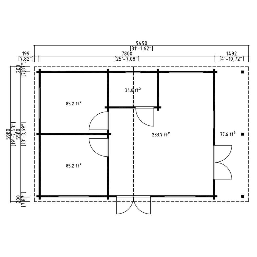The blueprint shows the GardenHouse24 USA Bente 70 Garden Room layout in square feet, providing a clear breakdown of interior space by room
