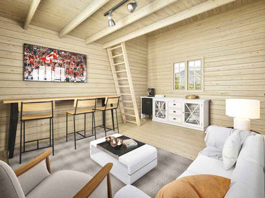 The bright interior of the Sawmill Structures BlueWater Loft 160 70mm Garden Room includes a bar table, loft access, and comfortable furnishings