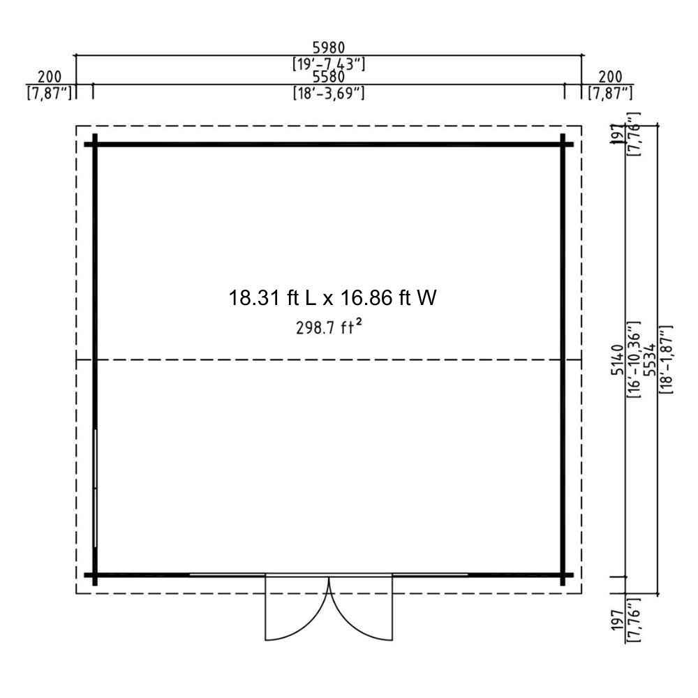 The floor plan in imperial units marks the GardenHouse24 USA Davos 44B Garden Room’s 298.7 ft² area with width and depth in feet and inches