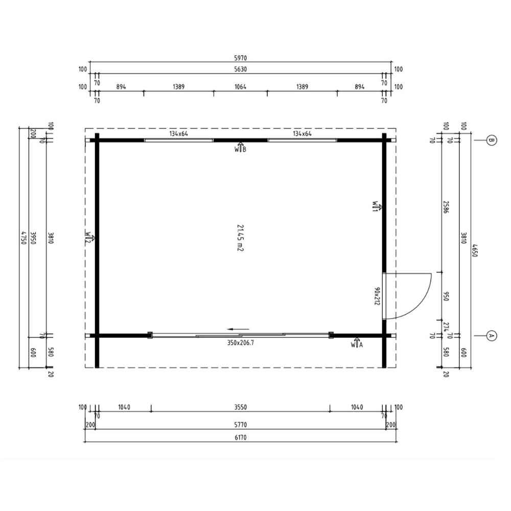The floor plan of the GardenHouse24 USA ALU Concept 70I Garden Room displays precise measurements and layout details for construction planning