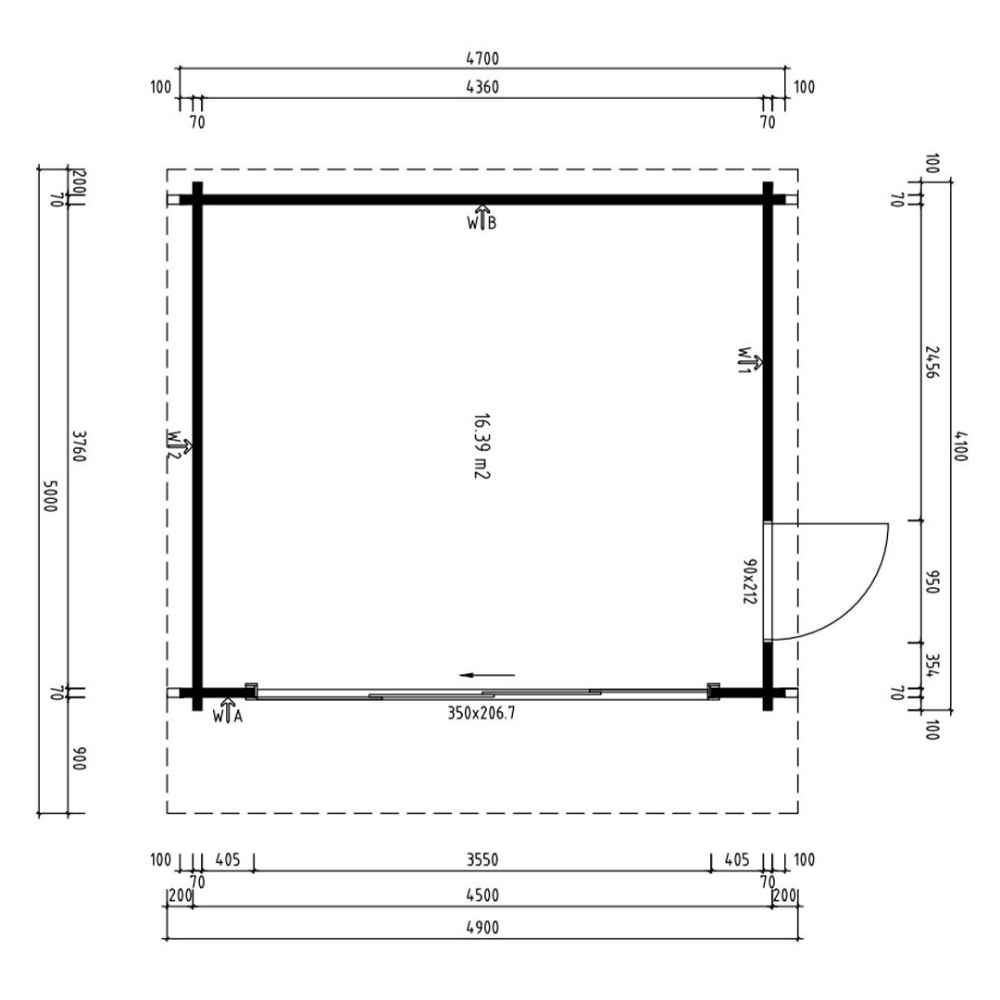 The floor plan shows exact dimensions and layout for the GardenHouse24 USA ALU Concept 70E Garden Room, highlighting its 16.39 m² interior space