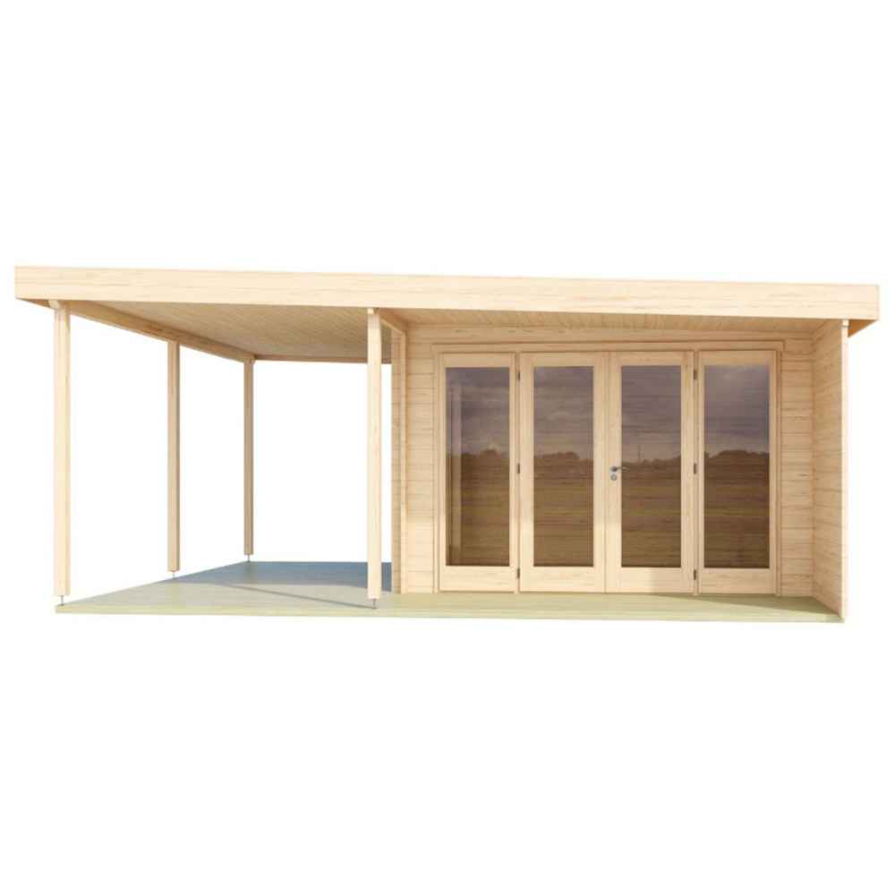 The front left perspective of the GardenHouse24 USA Keno 70 Garden Room emphasizes the wide open space under the covered terrace