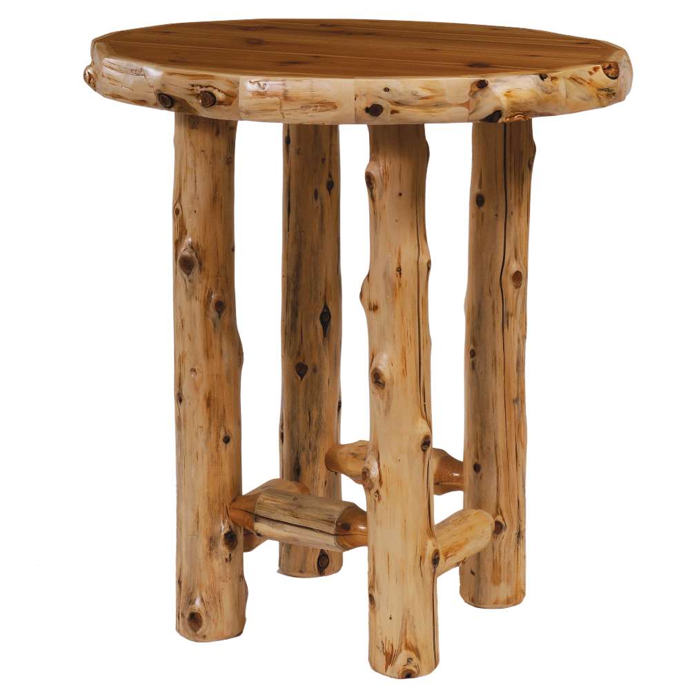 The image shows Fireside Lodge Cedar Log Round Pub Table - 40 Inch, a rustic round table made from solid cedar logs with a smooth top and sturdy legs