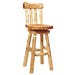 The image shows Fireside Lodge Cedar Swivel Counter Stool with Back, a rustic wooden stool made from natural cedar logs featuring a curved backrest, swivel seat, and sturdy legs