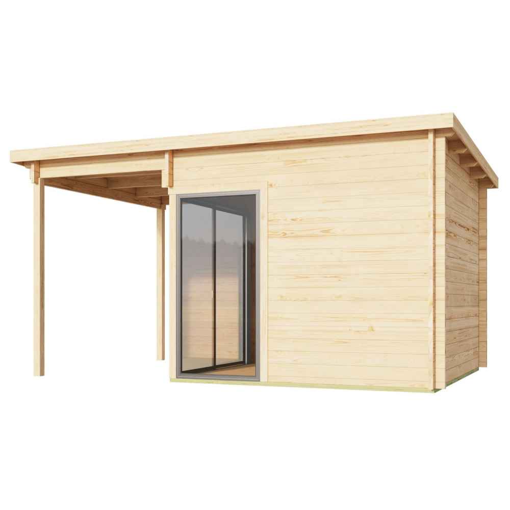 The image shows the GardenHouse24 USA ALU Concept 70F Garden Room as an empty wooden structure with a sliding glass door and open side canopy