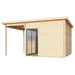 The image shows the GardenHouse24 USA ALU Concept 70F Garden Room as an empty wooden structure with a sliding glass door and open side canopy