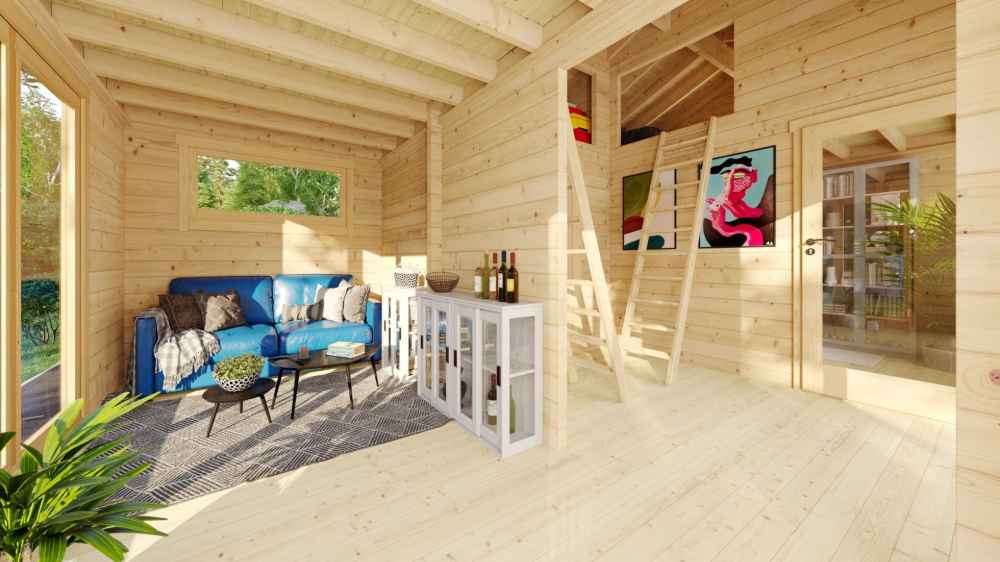 The inside of the GardenHouse24 USA Britt 44 Garden Room is pictured with wooden walls, a blue couch, wall art, and a loft ladder