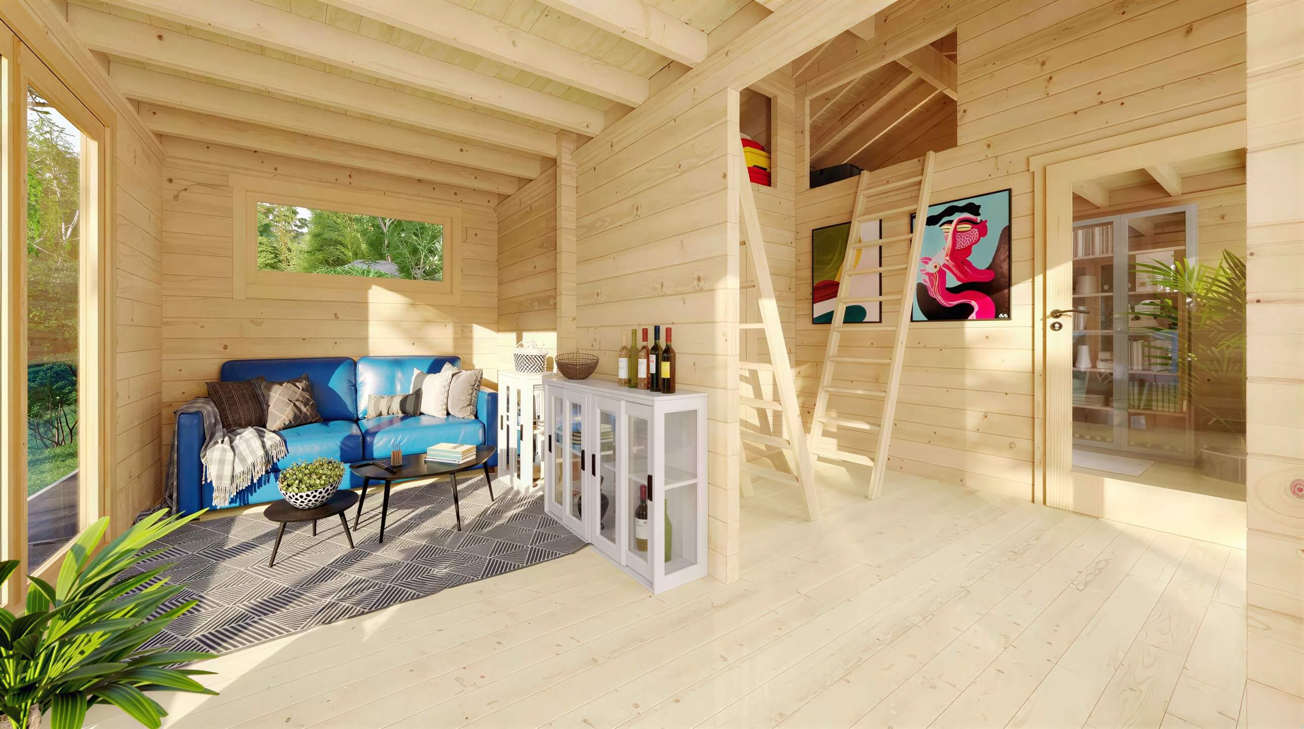 The inside of the GardenHouse24 USA Britt 44 Garden Room is pictured with wooden walls, a blue couch, wall art, and a loft ladder