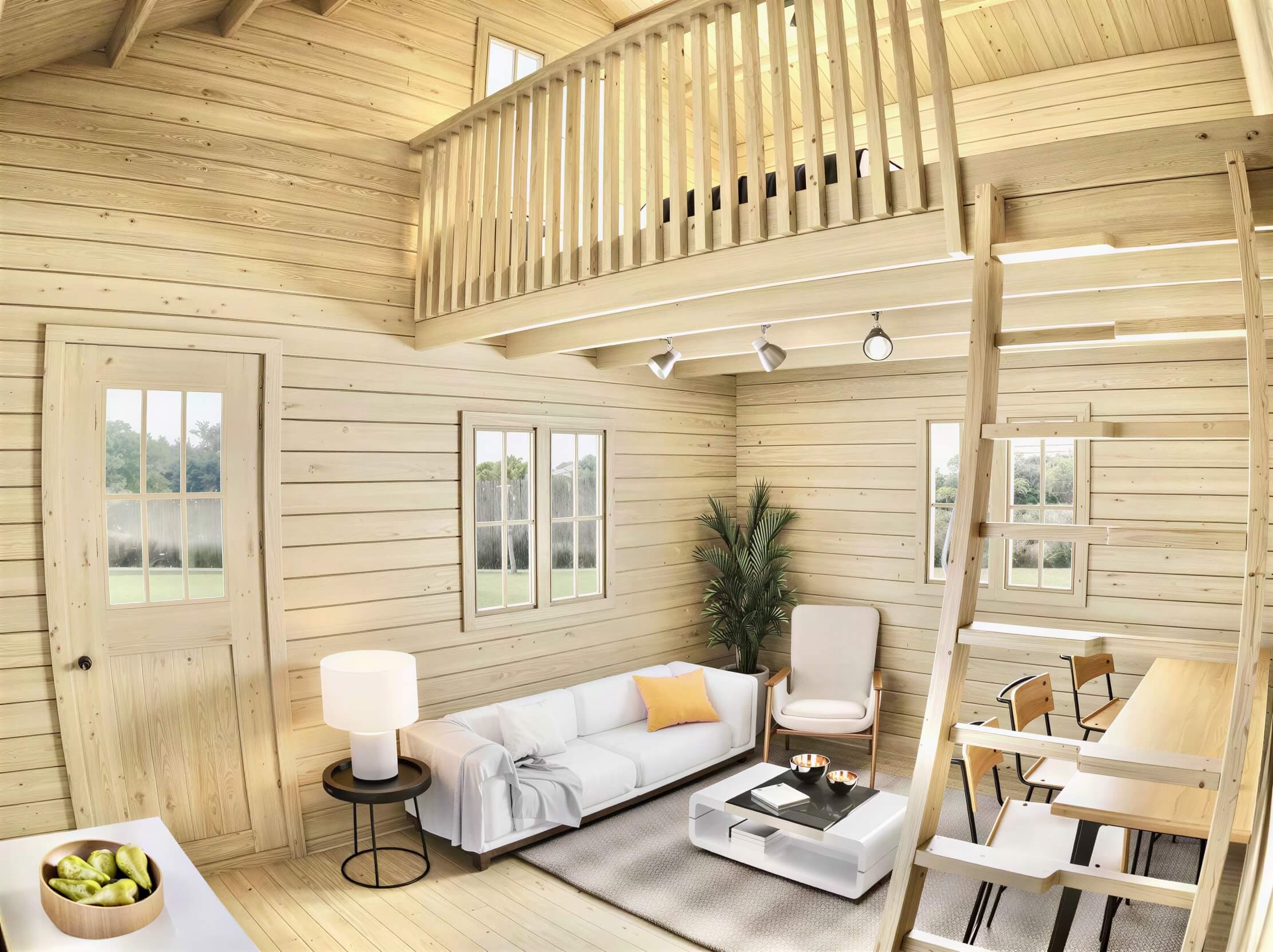 The living room of the Sawmill Structures BlueWater Loft 160 38mm Garden Room features a white sofa, tall ceilings, and a wooden ladder leading up to the loft