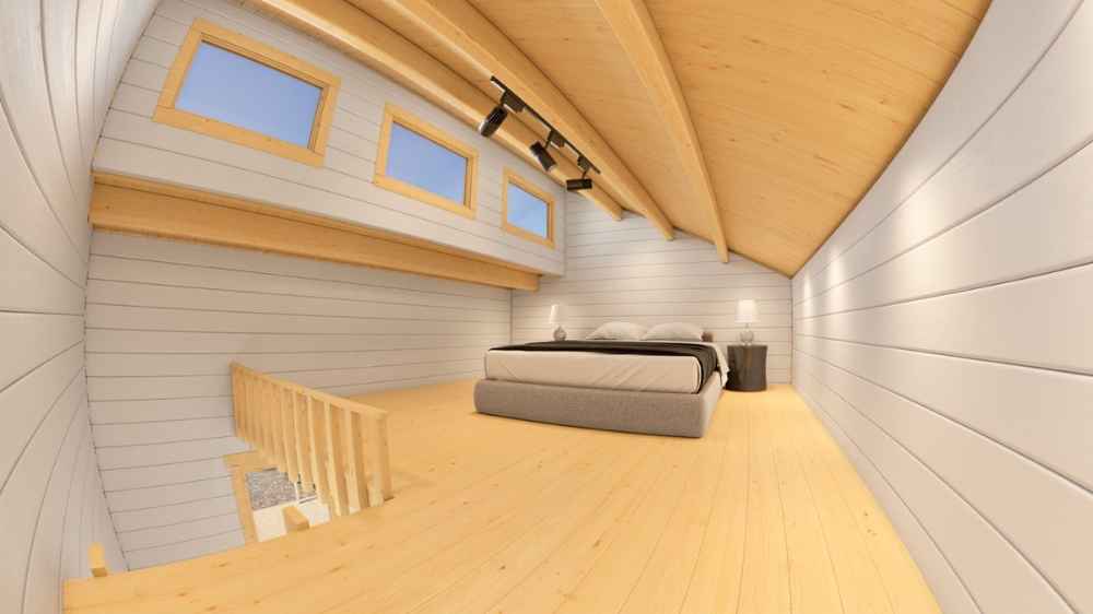 The loft bedroom of Sawmill Structures The Versa 160 Atrium Loft 70MM Garden Room has a low ceiling, wood floors, and several horizontal windows