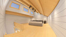 The loft bedroom of Sawmill Structures The Versa 160 Atrium Loft 70MM Garden Room has a low ceiling, wood floors, and several horizontal windows