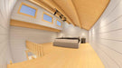 The loft bedroom of Sawmill Structures The Versa 160 Atrium Loft 70MM Garden Room has a low ceiling, wood floors, and several horizontal windows