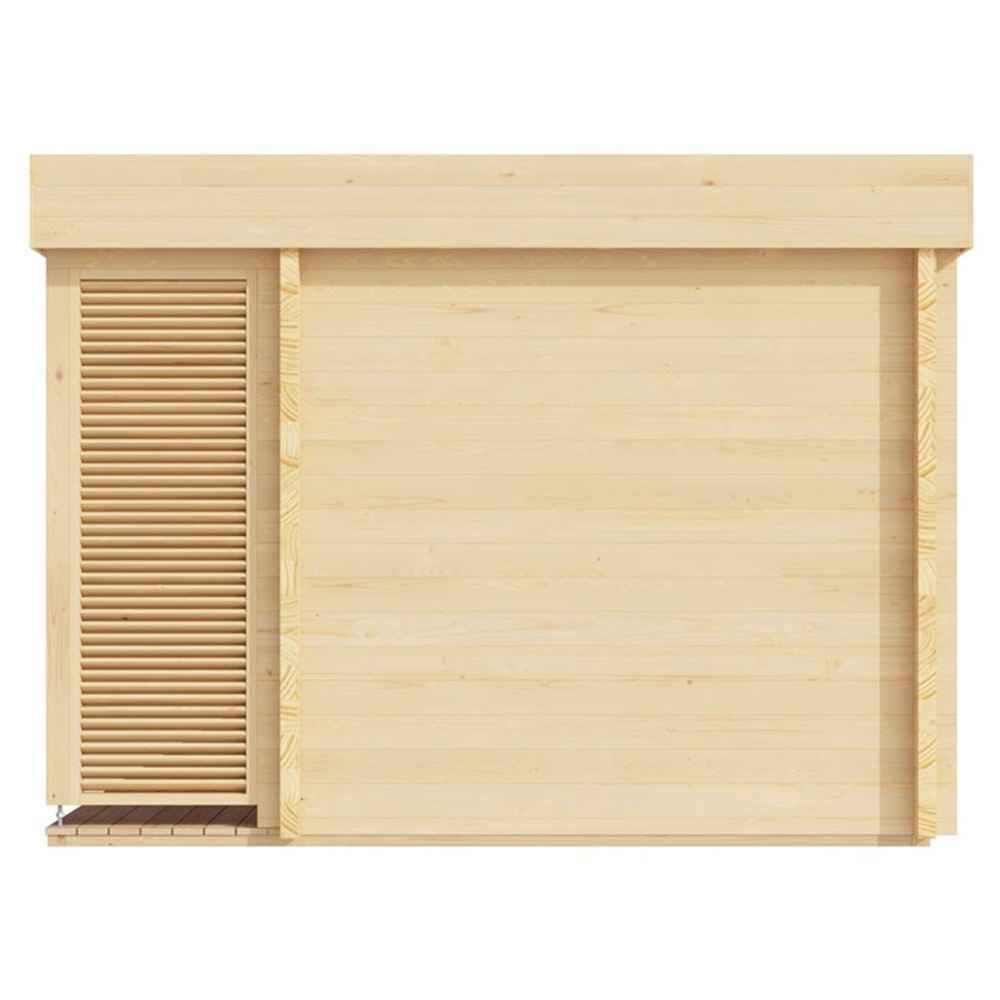 The opposite end view of the GardenHouse24 USA Asta 70 Garden Room features a slatted wood screen offering privacy on a small wooden platform
