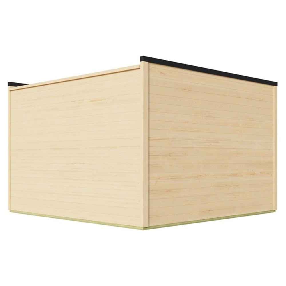 The opposite rear-side angle of the GardenHouse24 USA Q Bic ALU 44A Garden Room reveals its clean, minimalist wooden walls and flat roof
