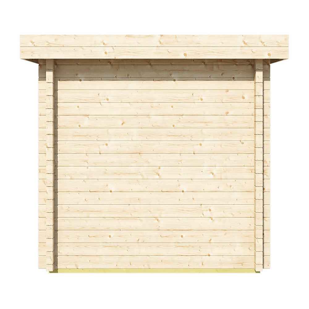 The opposite rear view of the GardenHouse24 USA Sauna Li 90 Garden Room presents the same simple, flat wooden surface as the back