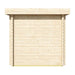 The opposite rear view of the GardenHouse24 USA Sauna Li 90 Garden Room presents the same simple, flat wooden surface as the back