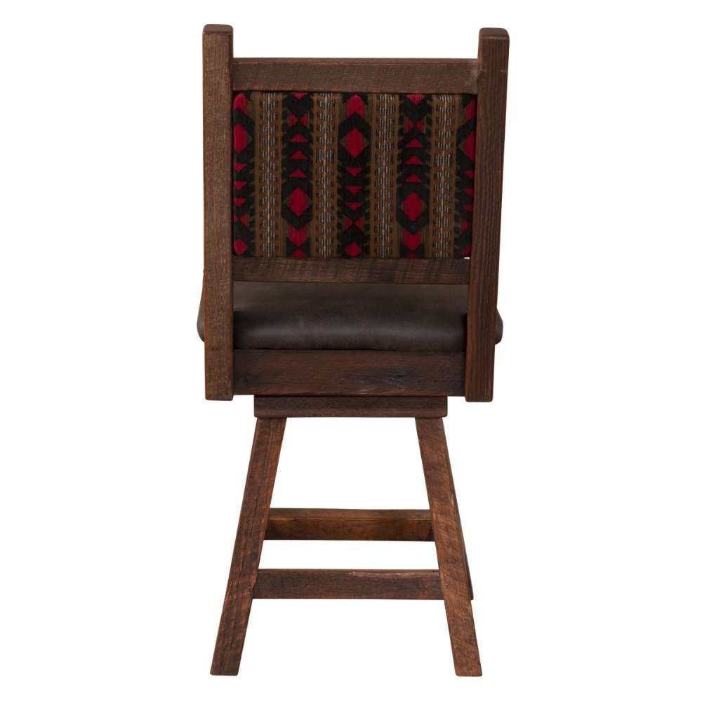 The patterned fabric framed by reclaimed wood belongs to the Fireside Lodge Barnwood Colonial Swivel Barstool