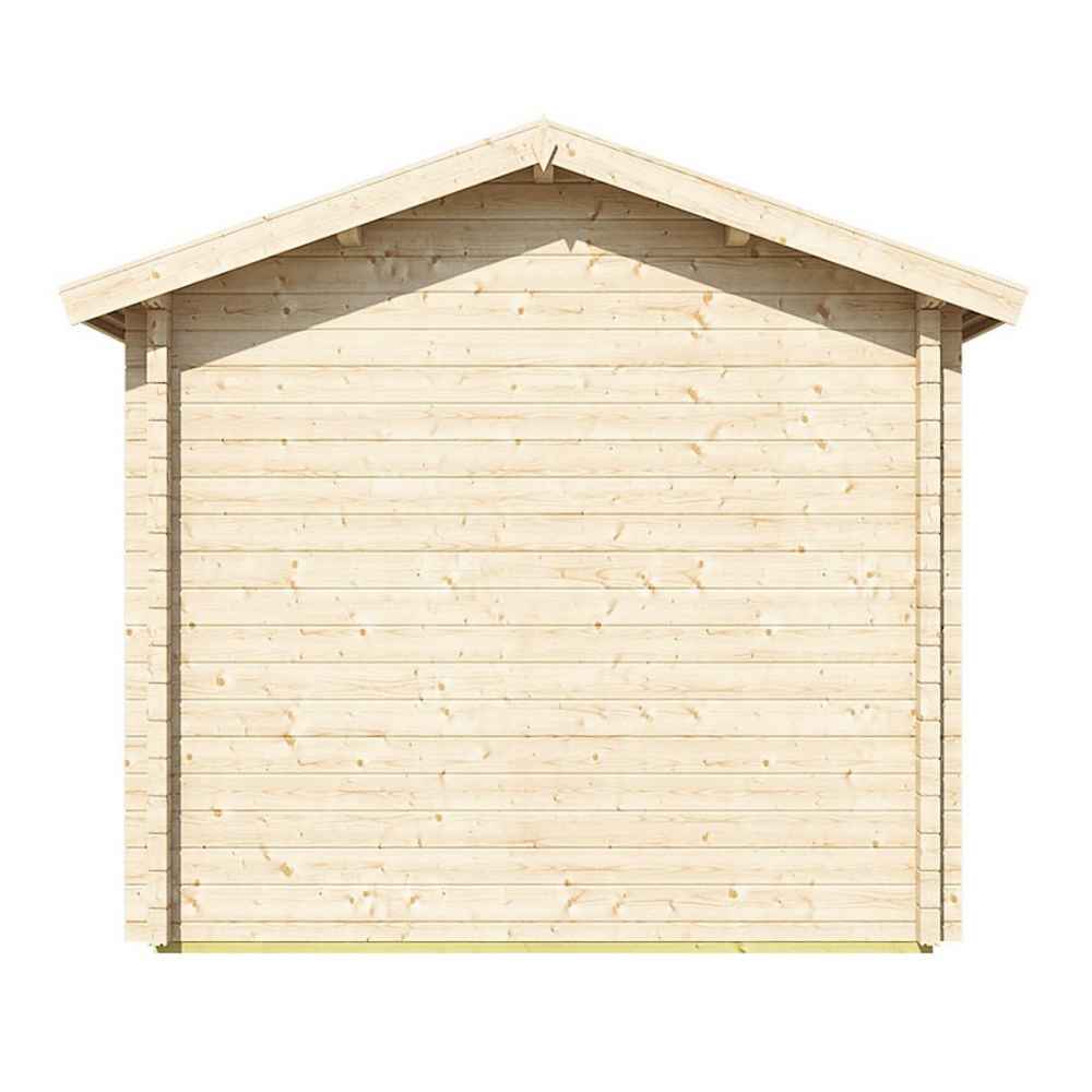 The plain side wall of the GardenHouse24 USA Sauna Sanna 90 Garden Room features vertical and horizontal wood planks without any windows or openings