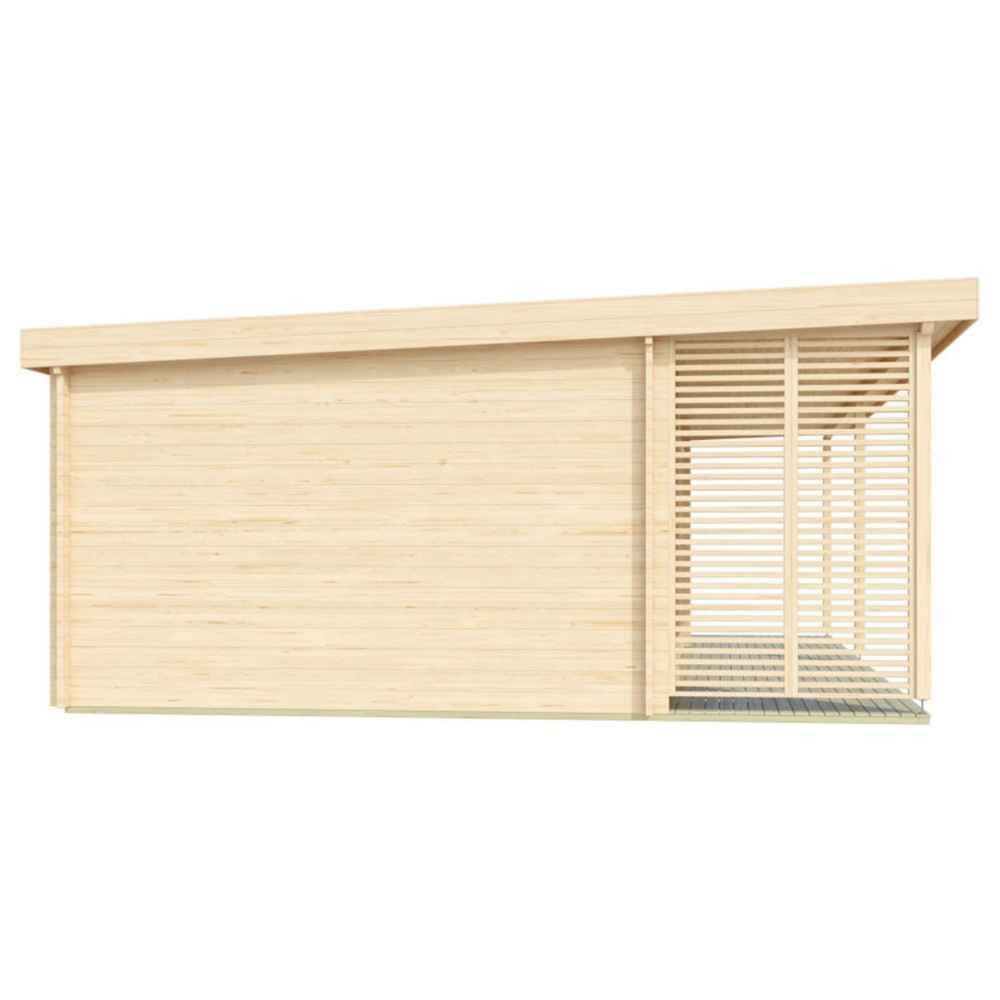 The rear angle of the GardenHouse24 USA Kilian 70 Garden Room displays a solid wood back wall and side privacy screen