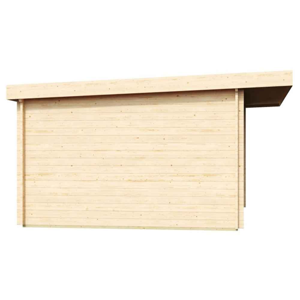 The rear side of the GardenHouse24 USA ALU Concept 70E Garden Room shows a clean wooden wall with an extended roof edge