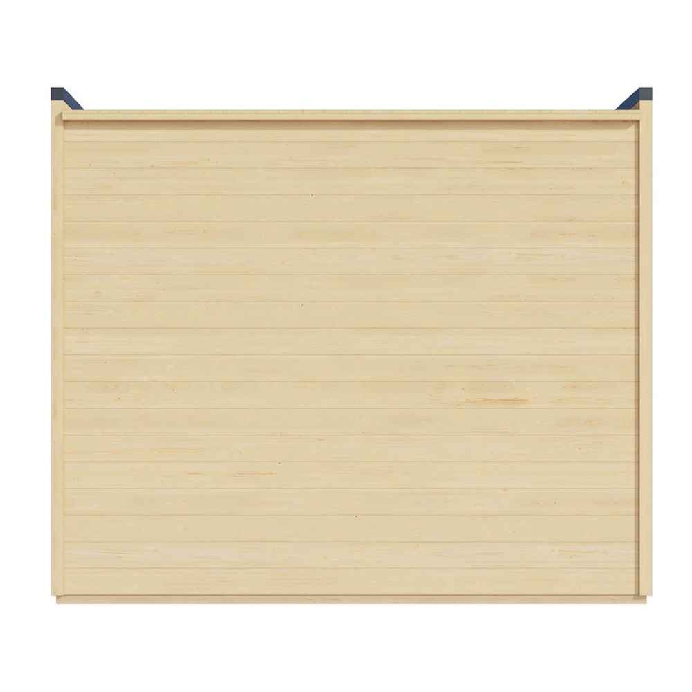 The rear view of the GardenHouse24 USA Q Bic ALU 70G Garden Room presents a solid wood wall with no windows or openings