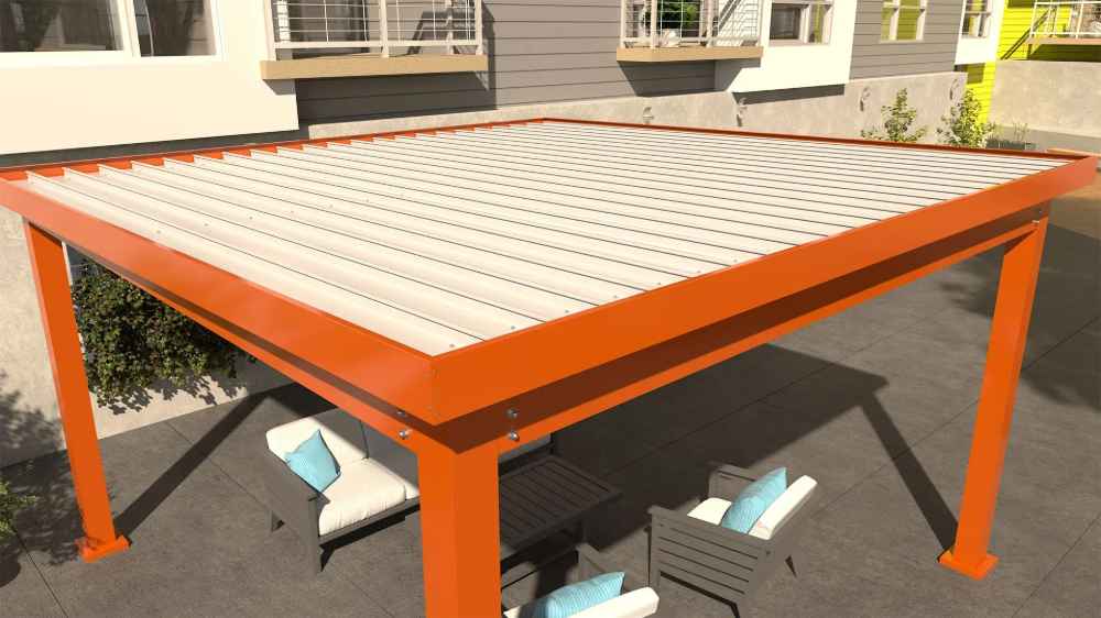 The roof of the orange Structureworks Pavilion Trex Pergola is shown from above, revealing its clean, white louvered design for sun and rain control