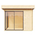 The side view of the GardenHouse24 USA ALU Concept 70J Garden Room showcasing its full-height glass sliding door and clean wooden walls