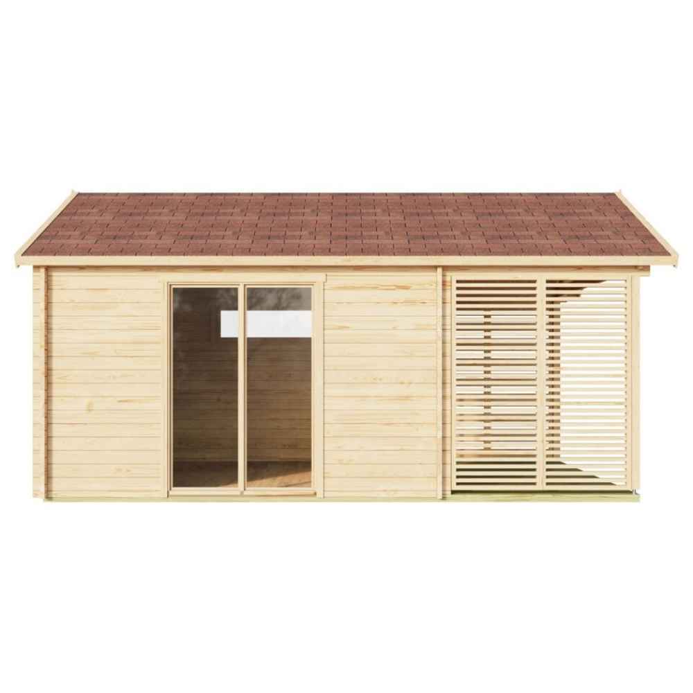 The side view of the GardenHouse24 USA ALU Concept Arosa 44A Garden Room showcases large glass sliding doors and vertical wood slats for a clean, modern look