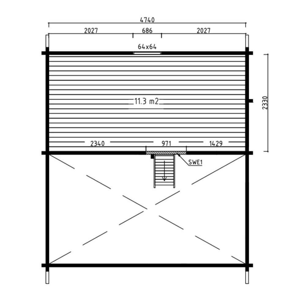 The upper-level layout of the GardenHouse24 USA Melanie 70 Garden Room displays a loft-style floor plan with a central stair opening and symmetrical sections