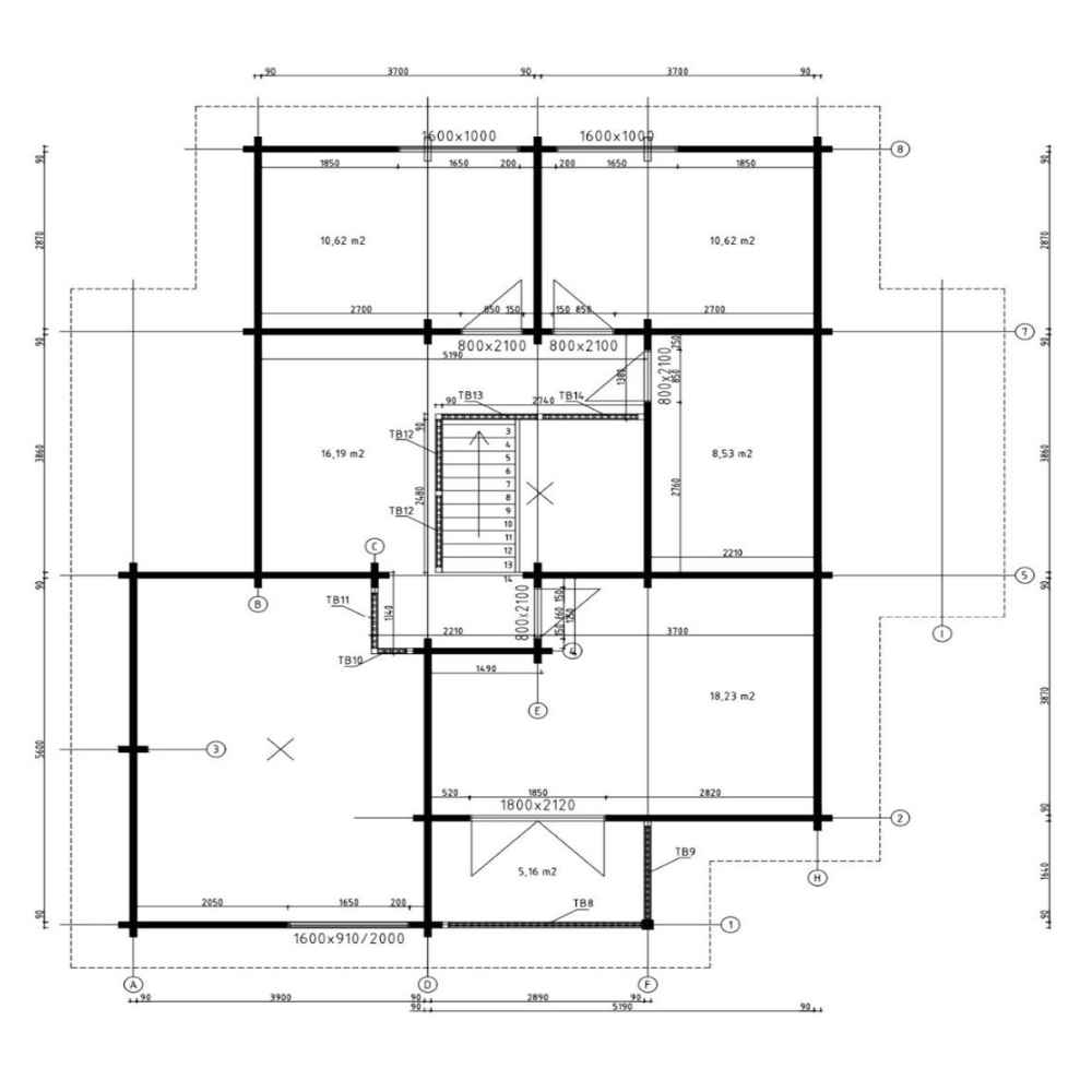 The upper floor blueprint of the GardenHouse24 USA Olivia 90 Garden Room highlights multiple rooms, a staircase, and access points with precise measurements