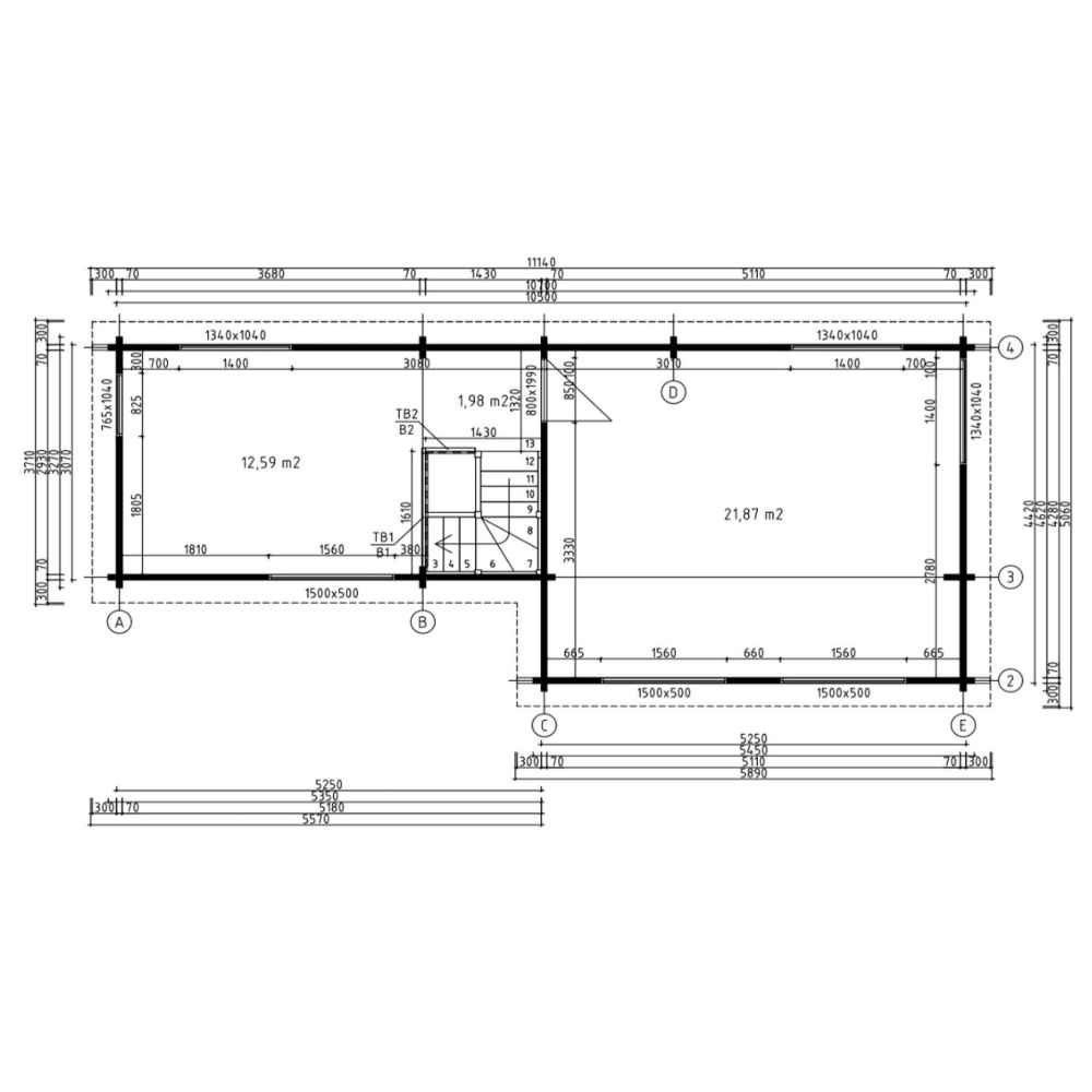 The upper floor plan of the GardenHouse24 USA Marcy 70 Garden Room features two rooms with precise measurements and stair access marked