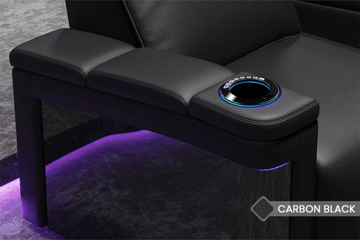 The armrest with built-in cup holders and controls combines functionality and style in the Valencia Monza Pillow Top Carbon Fiber Home Theater Seating