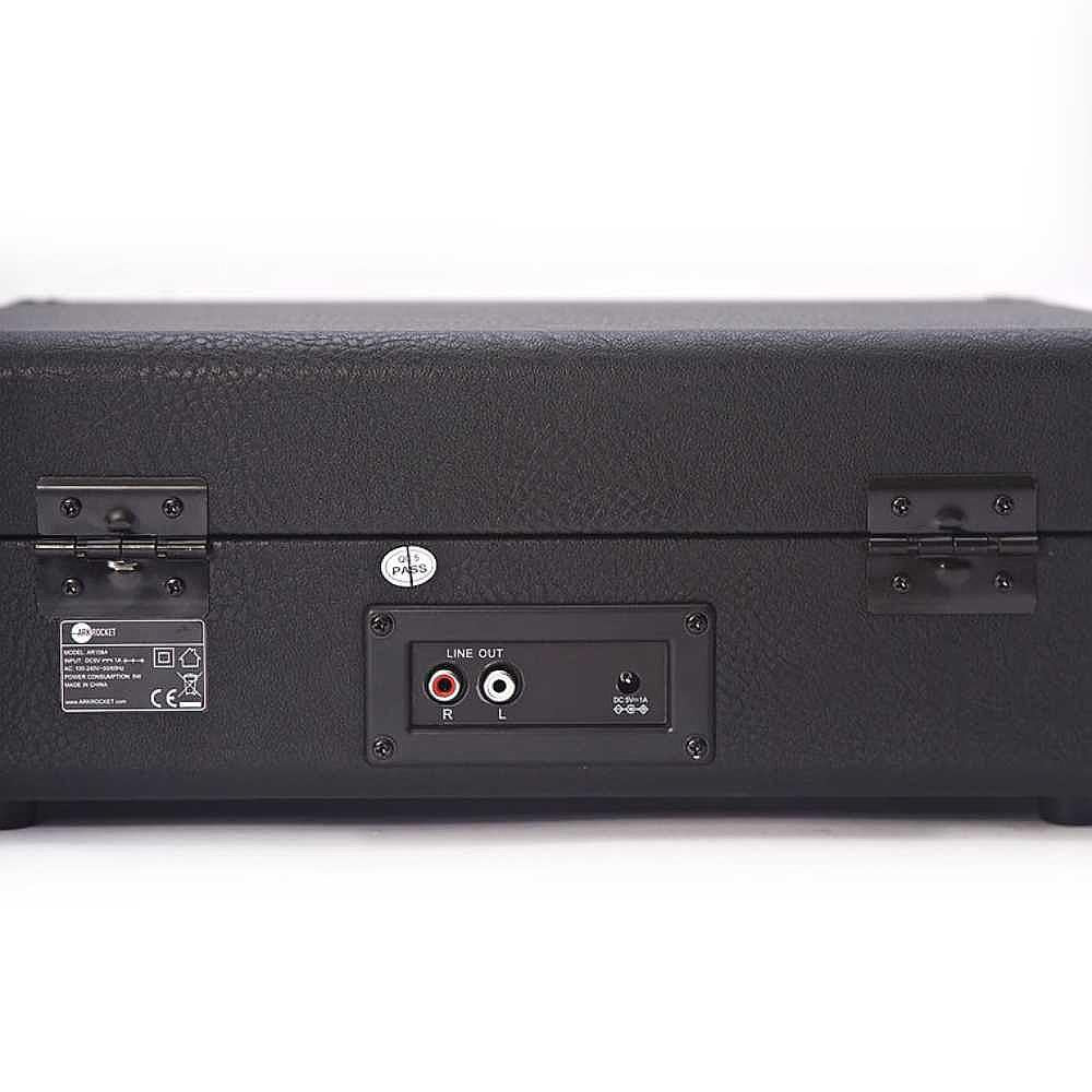 The back of the Arkrocket Curiosity Suitcase Bluetooth Turntable (Black), focusing on the audio output ports for external speakers