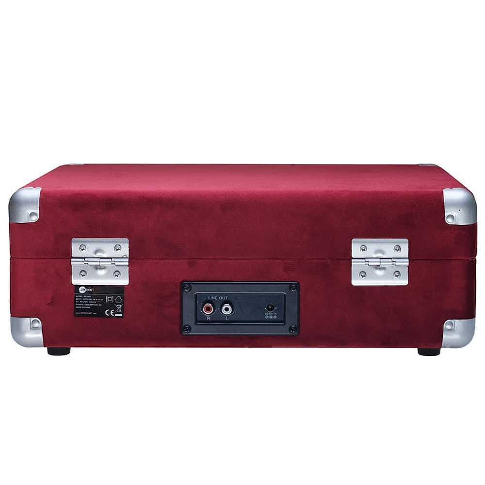 The back of the Arkrocket Curiosity Suitcase Bluetooth Turntable (Burgundy Velvet) displays RCA output and power inputs