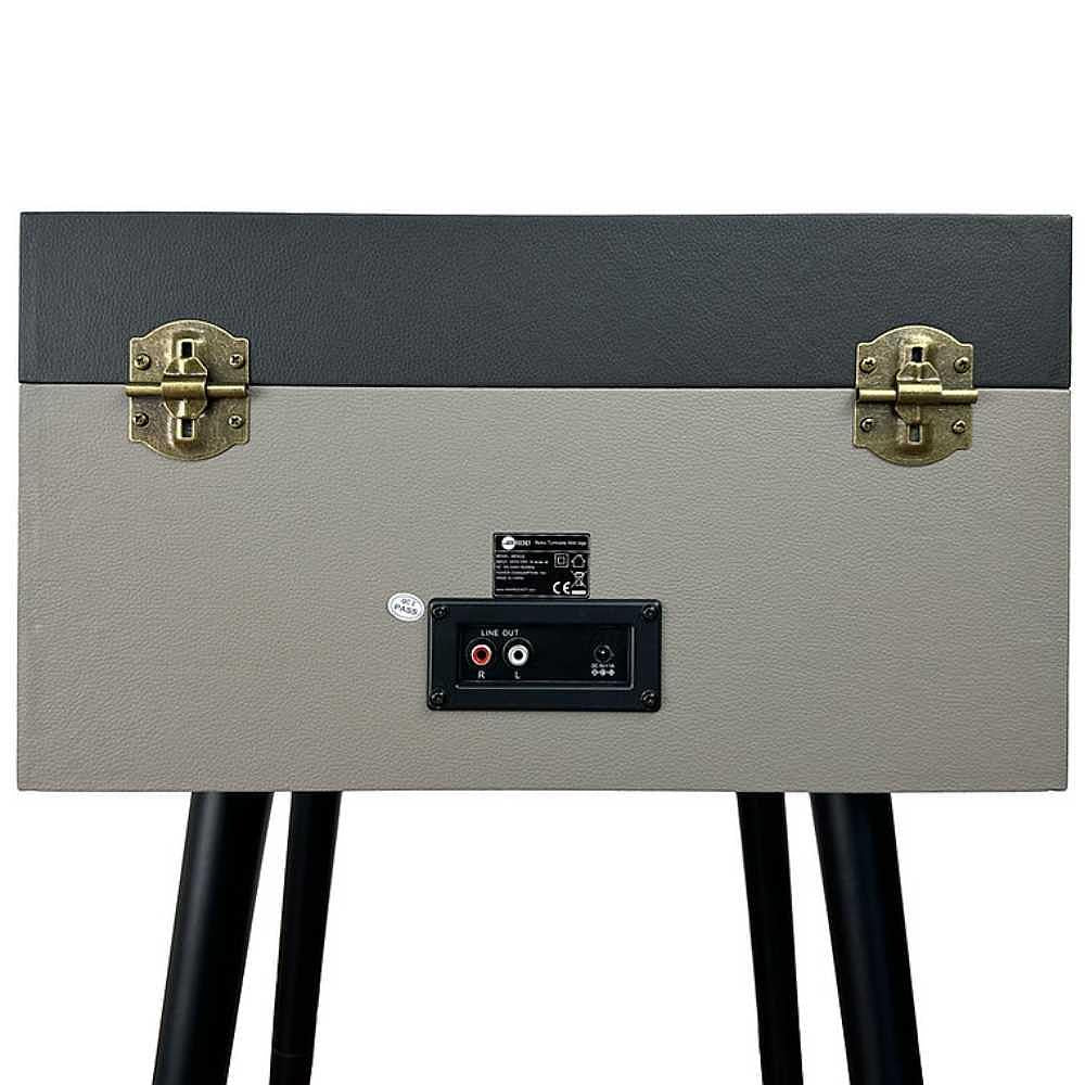 The back of the Arkrocket Discovery II Bluetooth Record Player Stand with 3-Speed Turntable (Grey) shows its input ports