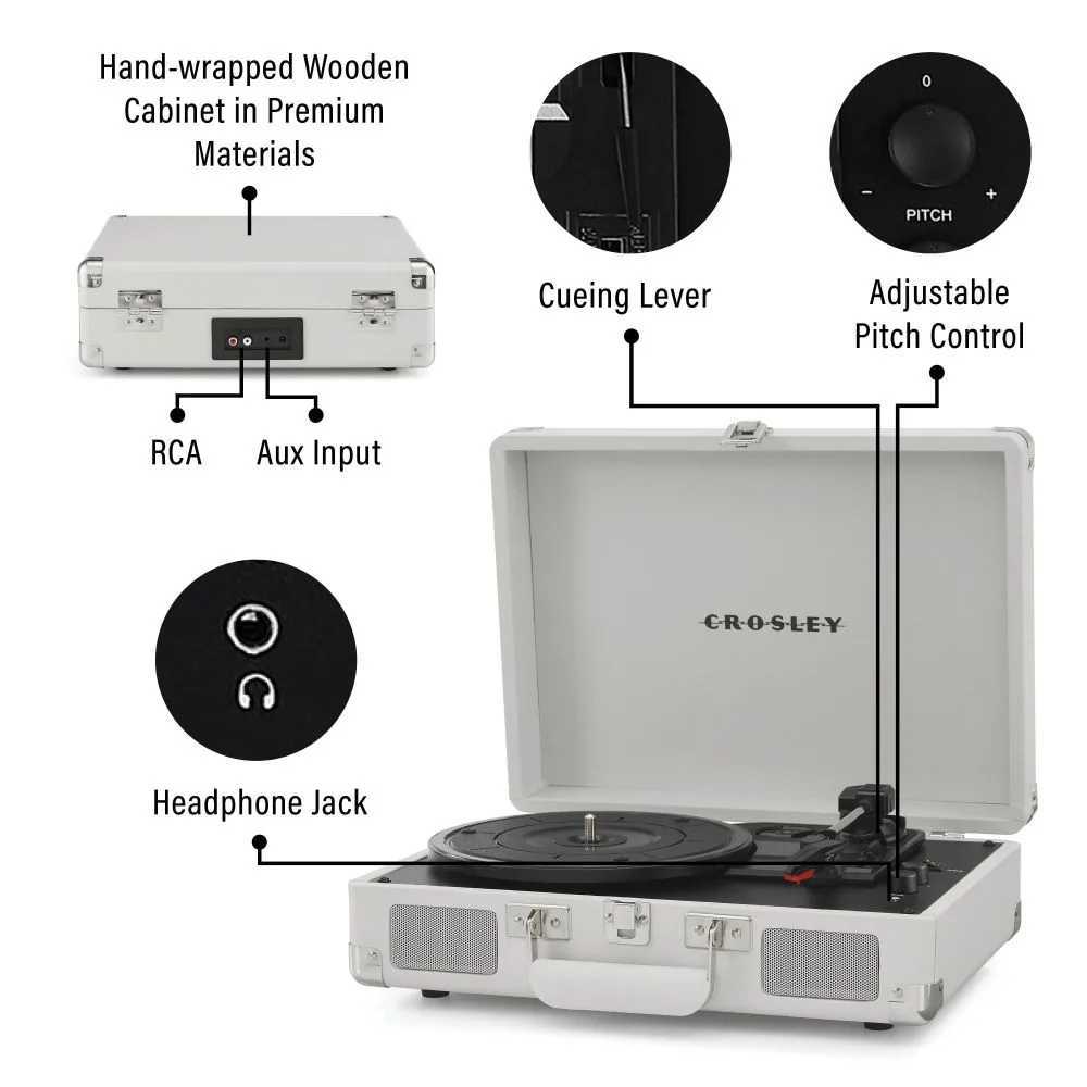 The back of the Crosley Cruiser Plus Portable Turntable with Bluetooth InOut - White Sand highlights its RCA and Aux input connections, cueing lever, and adjustable pitch control