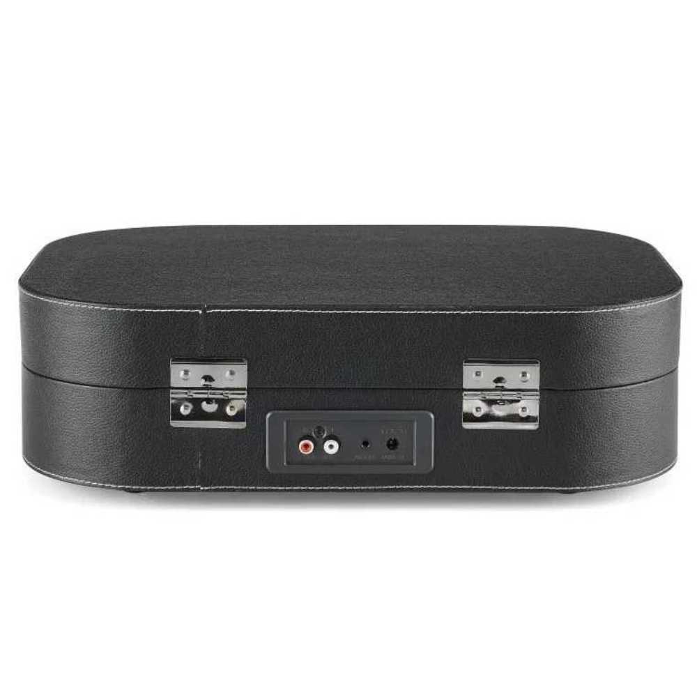 The back of the Crosley Discovery Portable Turntable with Bluetooth Out - Black reveals RCA ports, an aux input, and a headphone jack