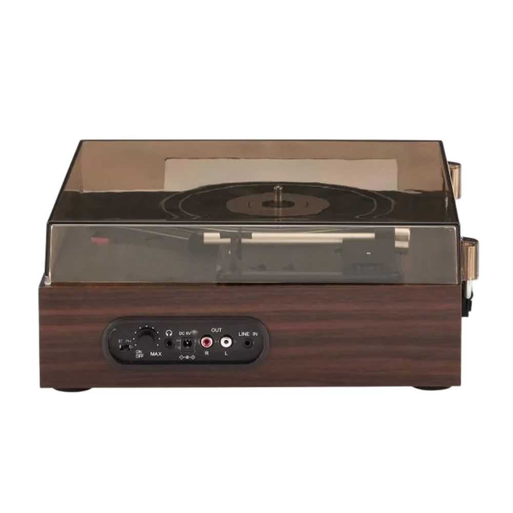 The back of the Crosley Scout Turntable - Walnut shows a woodgrain finish with RCA output, aux input, and volume control, all protected by a closed dust cover