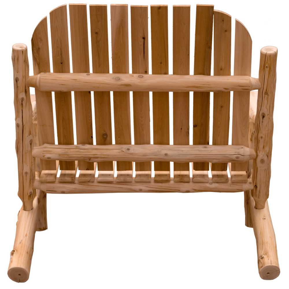 The back of the Fireside Lodge Voyageur Two-Person Adirondack Chair, emphasizing its thick wooden slats, sturdy frame, and rustic aesthetic