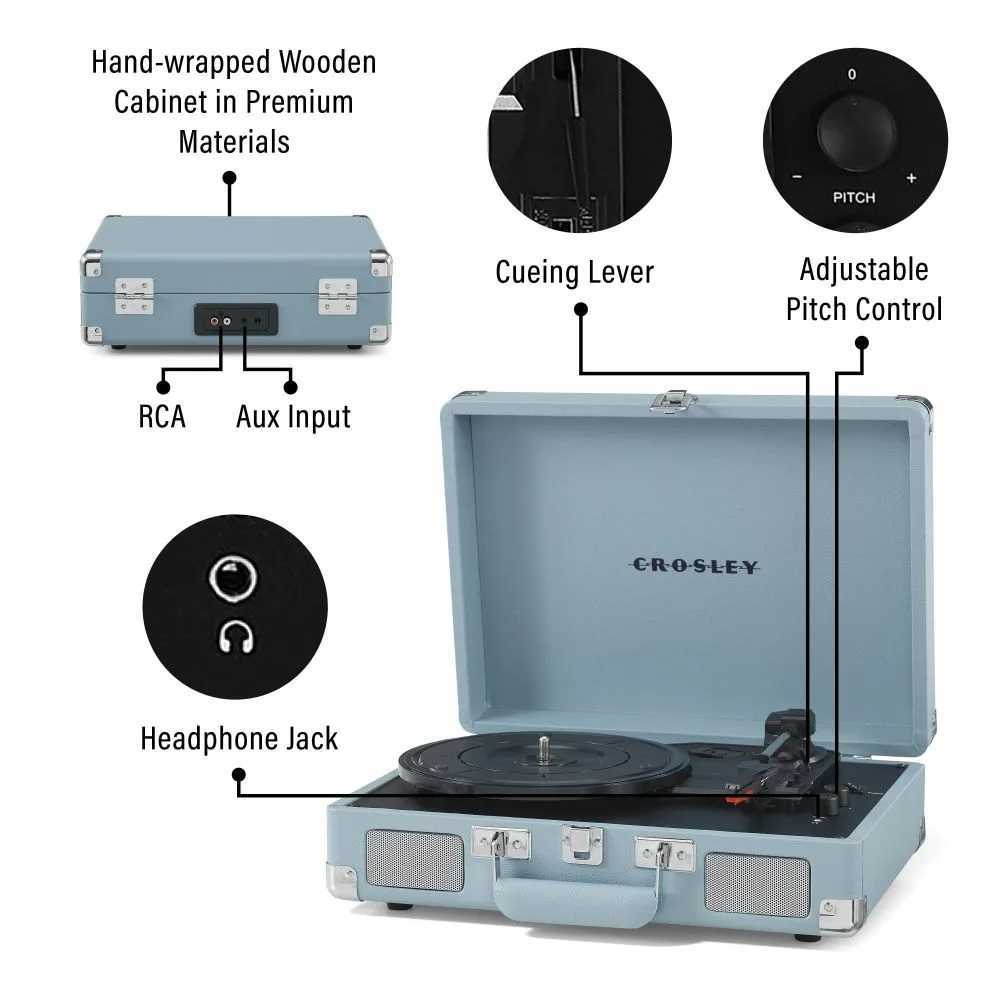 The back panel of the Crosley Cruiser Plus Portable Turntable with Bluetooth InOut - Tourmaline, showcasing the RCA, AUX input, and headphone jack