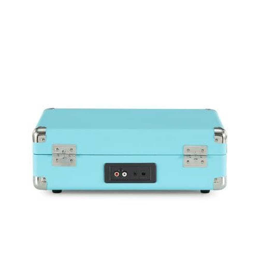 The back view of the Crosley Cruiser Plus Portable Turntable with Bluetooth InOut - Exclusive Turquoise showcases its connectivity ports